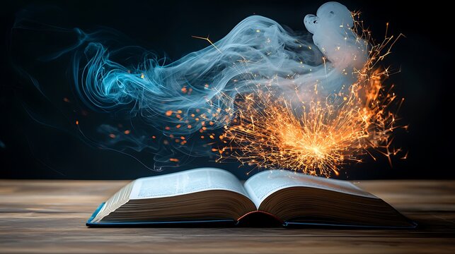The open book on the table released swirling tendrils of vibrant magic sparks and wisps of ethereal smoke, dancing around the pages as if the words within were coming to life before your very eyes.