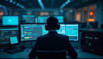 Systems Operator In Navy Blazer Monitoring Security Protocols In Command Center