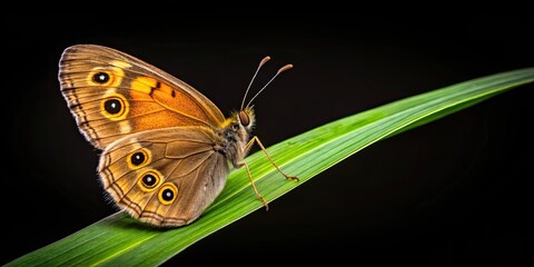 Obraz premium Common brown butterfly on grass leaf isolated on black background, butterfly, common, brown, grass, leaf, isolated, black