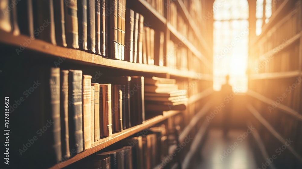 Poster sunlight streams through a library, illuminating rows of books and casting a warm glow, ai