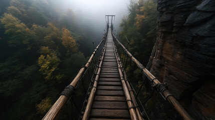 Suspension bridge with wooden planks and ropes extending over a dense forest in a foggy mountain landscape