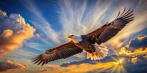 Fototapeta premium Bald eagle soaring majestically in the sky, representing the patriotic symbol of America , bald eagle