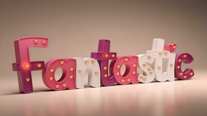 A 3D rendering displaying the word "FANTASTIC" in a font that is a combination of fuchsia, pink, and white. Each letter is accented with small golden hearts, emitting a gentle and welcoming glow.