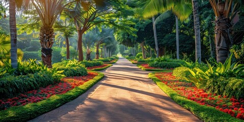 Serene Pathway Through a Lush Tropical Garden