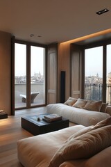 Fototapeta premium Luxurious Modern Living Room with Panoramic City View and Cozy Minimalist Furniture in Warm Tones