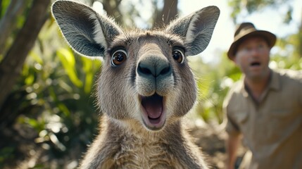 A curious kangaroo puts on a comedic expression as it explores its lush Australian surroundings, surprising its human companion nearby