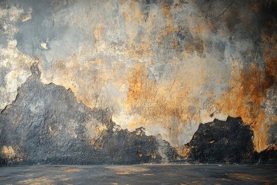 Weathered concrete wall with chipped paint and a  floor in front.