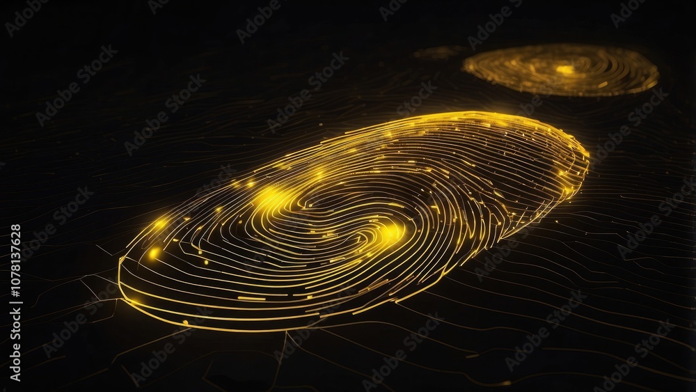 Poster abstract digital fingerprint created with glowing yellow lines on a dark background, symbolizing ide