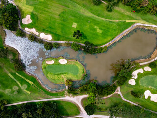 Aerial view drone shot of beautiful golf field High angle view