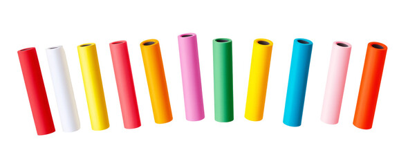 Obraz premium Set of colorful cardboard tubes. Front view, ideal for gift packaging, retail, and product display. Isolated on white background. 