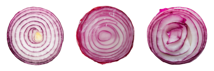 set of red onion slices isolated on a transparent background, top view