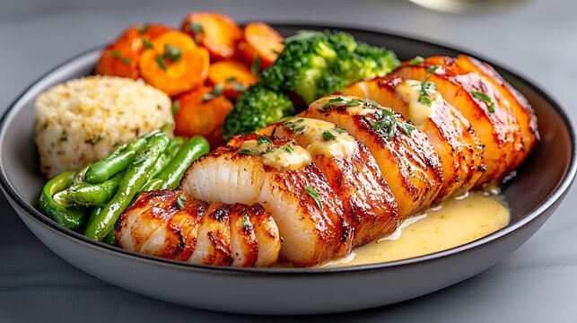 The fresh catch of the day is a seasonal selection of locally sourced seafood, expertly prepared by our skilled chefs and served with a delicate lemon butter sauce, a side of crisp garden vegetables