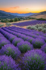Fototapeta premium Stunning Lavender Fields at Sunset with Rolling Hills and Vibrant Sky in a Serene Rural Landscape