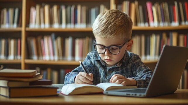 Focused smart genius kid reading textbook in library, writing notes for essay, scientific article, research paper, sitting at workplace table with laptop, studying open book.