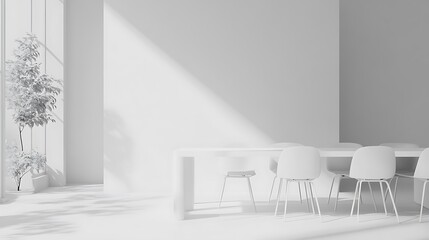 A minimalist interior featuring a white table, chairs, and a plant, creating a serene workspace.