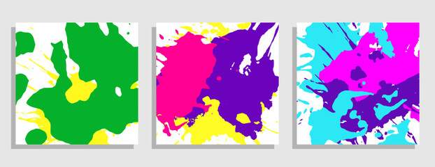 Set of square templates with droped colored blots and dots of paint splatter. Collection of paint drops, brush strokes for decoration. Isolated vector on white background