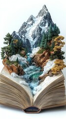Giant open book as a mountain landscape, educational adventure, 3D illustration., style sticker no background,space for text