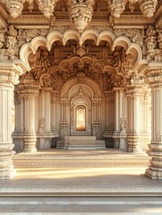 Fototapeta premium Intricate temple architecture with ornate pillars and a central shrine.