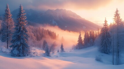 Serene winter landscape with snow-covered trees and mountains.