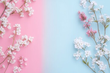 Obraz premium White and pink flowers on pink and blue background.