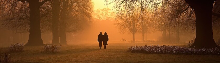 Fototapeta premium A couple walking through a misty park at sunset, surrounded by trees and flowers.