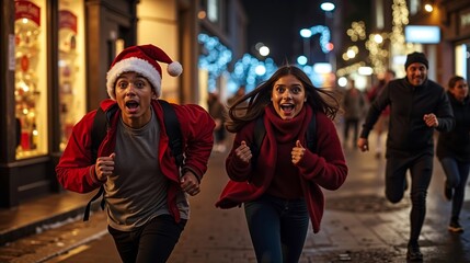 Fototapeta premium A couple of people running down a city street at night