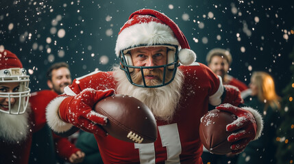 A man dressed as Santa Claus holding a football in front of a group of people