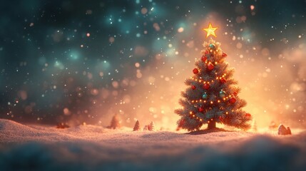 Obraz premium Enchanting Illuminated Christmas Tree in Snowy Winter Wonderland Landscape