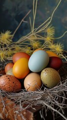 Colorful Easter Eggs in a Nest - Rustic Springtime Decor