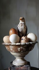 A White Bird Perched on a Bowl of Eggs: A Rustic Still Life