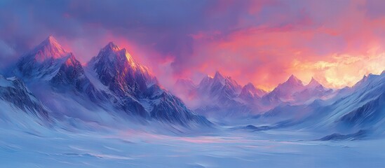 Majestic Snow-Capped Mountain Range at Sunrise with Vibrant Sky and Serene Landscape