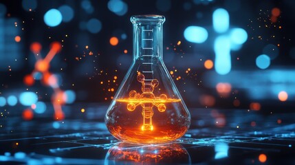 Glowing Flask with a Molecular Structure