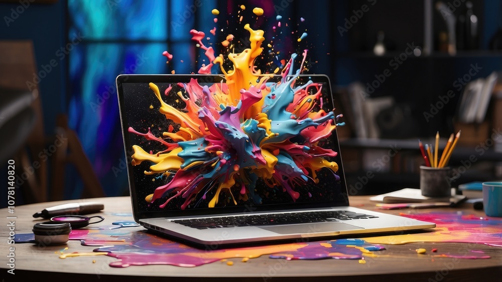 Poster a sleek laptop on a vibrant studio table, with a dark screen and an explosion of colorful paint spla