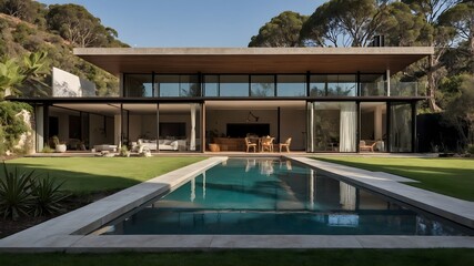 Fototapeta premium AI-generated modern house blending Spanish, and Australian styles with natural materials, serene backdrops, and varied lighting conditions