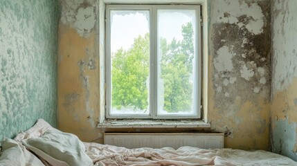 A bedroom with mold growing on the walls around the window, quality pic.