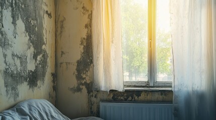 A bedroom with mold growing on the walls around the window, quality pic.