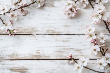 White wooden background with blooming cherry branches.