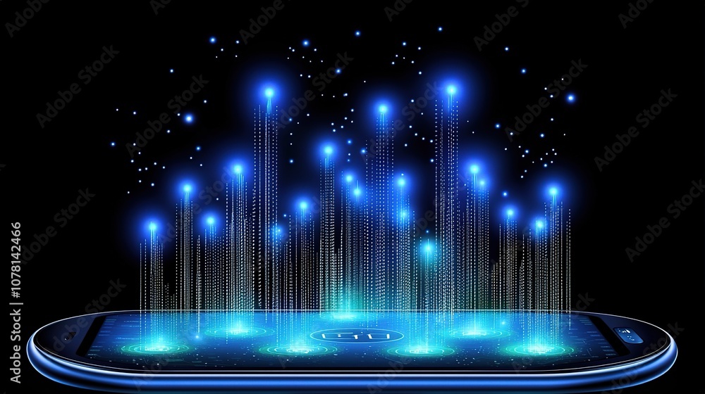 Poster futuristic scene of stock exchange data visualized with a mobile phone, showcasing an interactive di