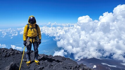 Fototapeta premium A climber stands on a volcanic peak, surrounded by clouds and a stunning blue sky.