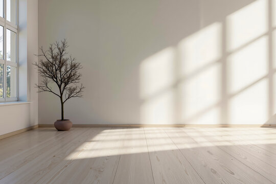 A bare tree in a pot sitting in an empty room
