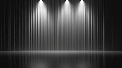 A black stage with three spotlights illuminating the curtain behind a reflective floor. The background is black.
