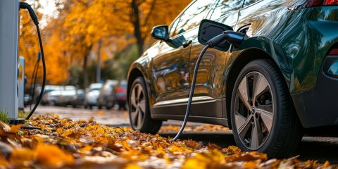A green electric car plugged into a charging station. This represents the use of electric vehicles and renewable energy technologies.