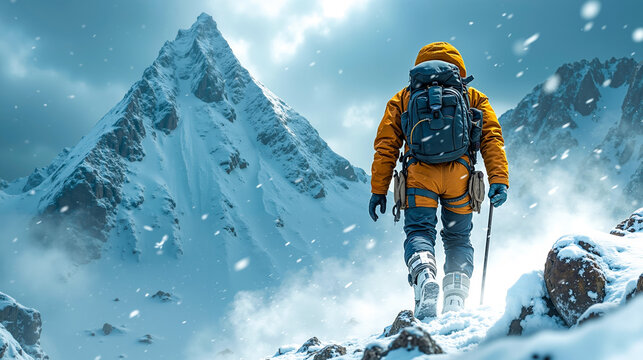 A man in a yellow jacket and orange jacket hiking up a snowy mountain