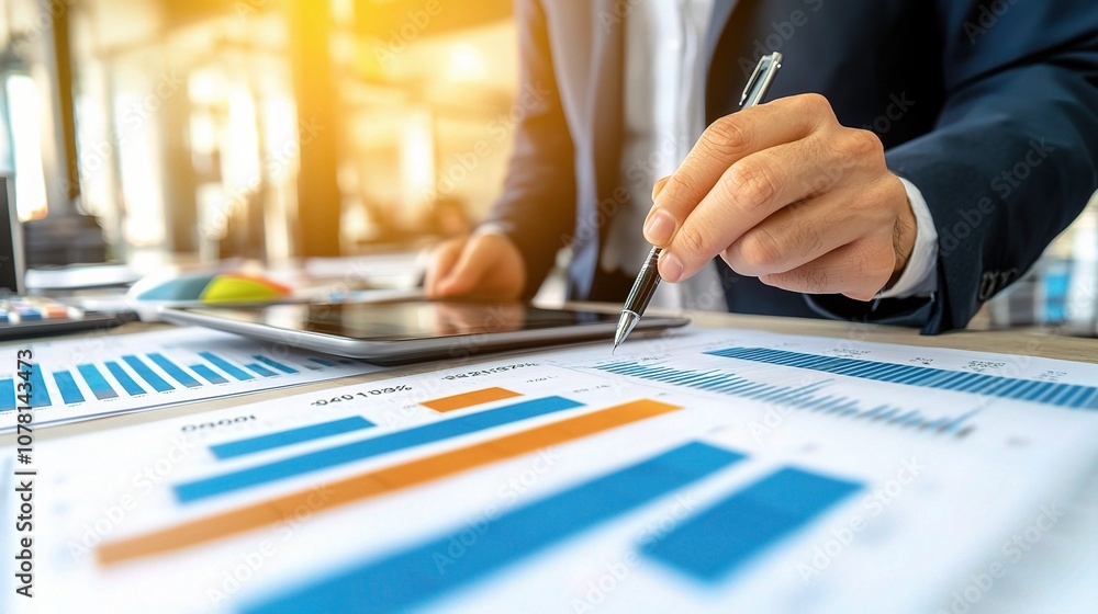 Poster professional investor monitoring stock market trends with real-time data analysis on charts and grap