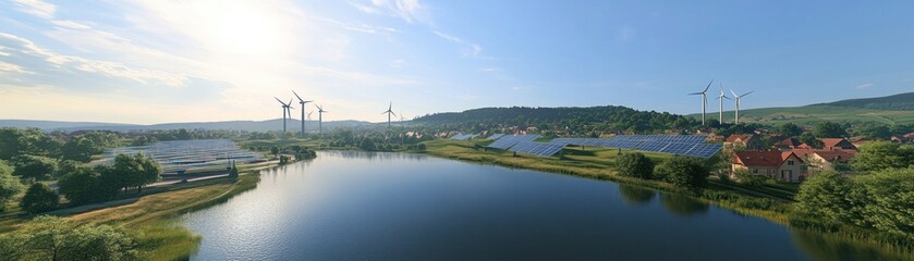 A serene landscape showcasing renewable energy sources like wind turbines and solar panels.