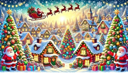 Obraz premium Santa and his deer are delivering Christmas gifts.