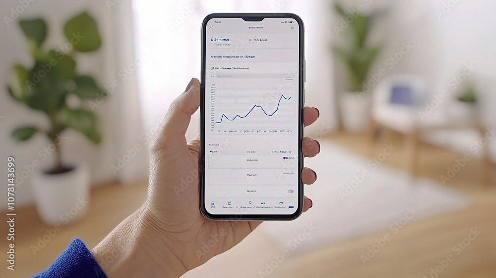 Poster investor using smartphone to monitor stock prices with graph and data in bright room with natural li