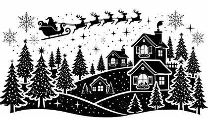 Santa and his deer are delivering Christmas gifts.