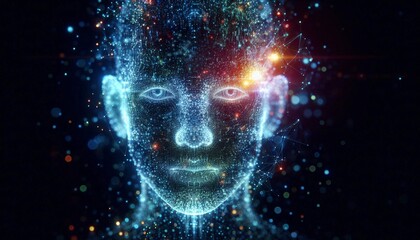 Fototapeta premium A digital rendering of a human face composed of glowing particles, representing artificial intelligence or the digital world