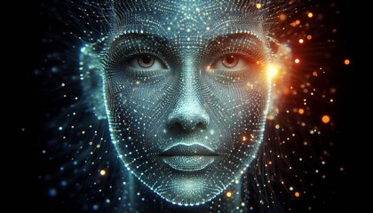 A digital rendering of a human face composed of glowing particles, representing artificial intelligence or the digital world